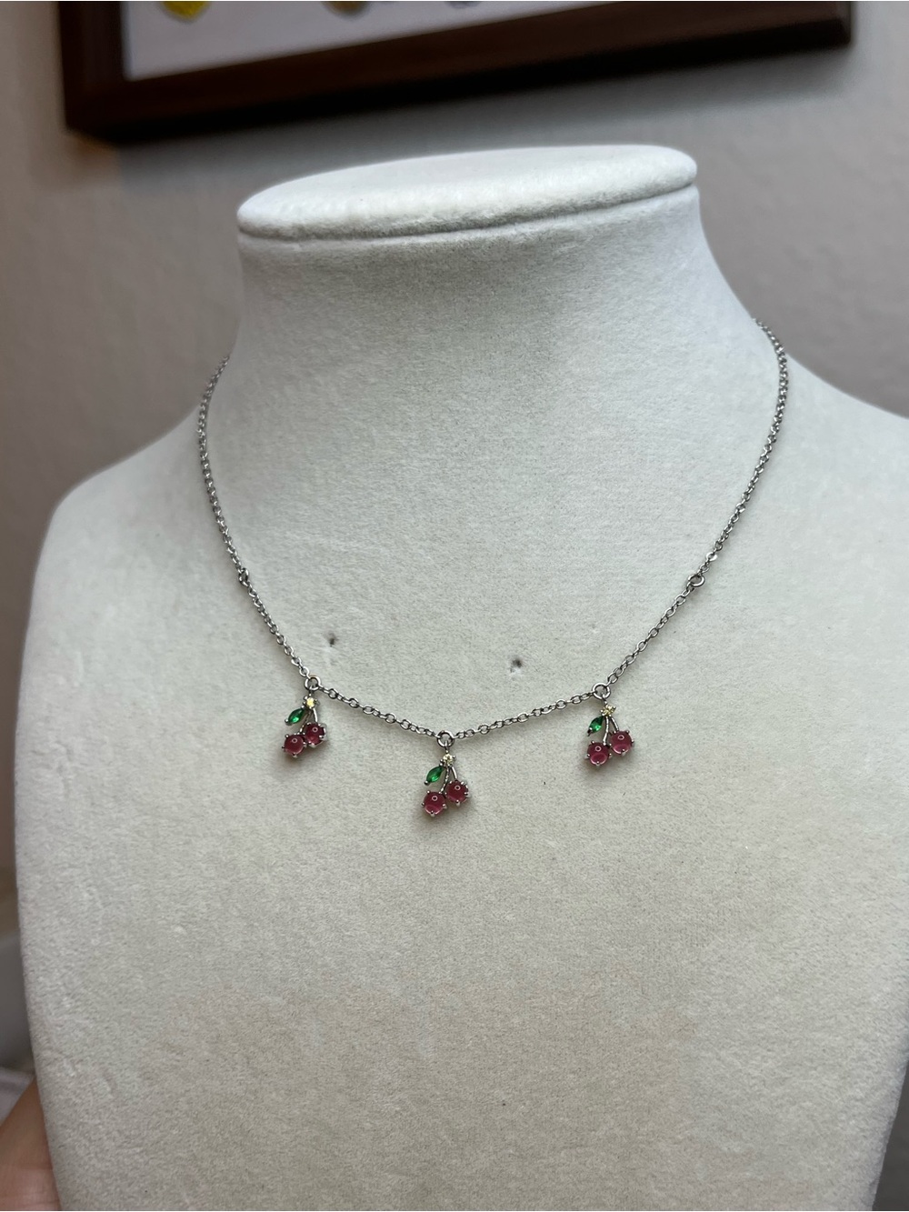 Dainty triple cherry charm choker silver tone 15”